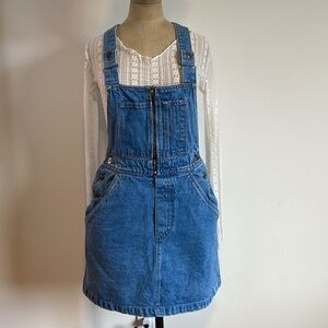 90s Jean Skirtall Overall Dress Small Blue Suspender Grunge Alt VTG Denim Bib